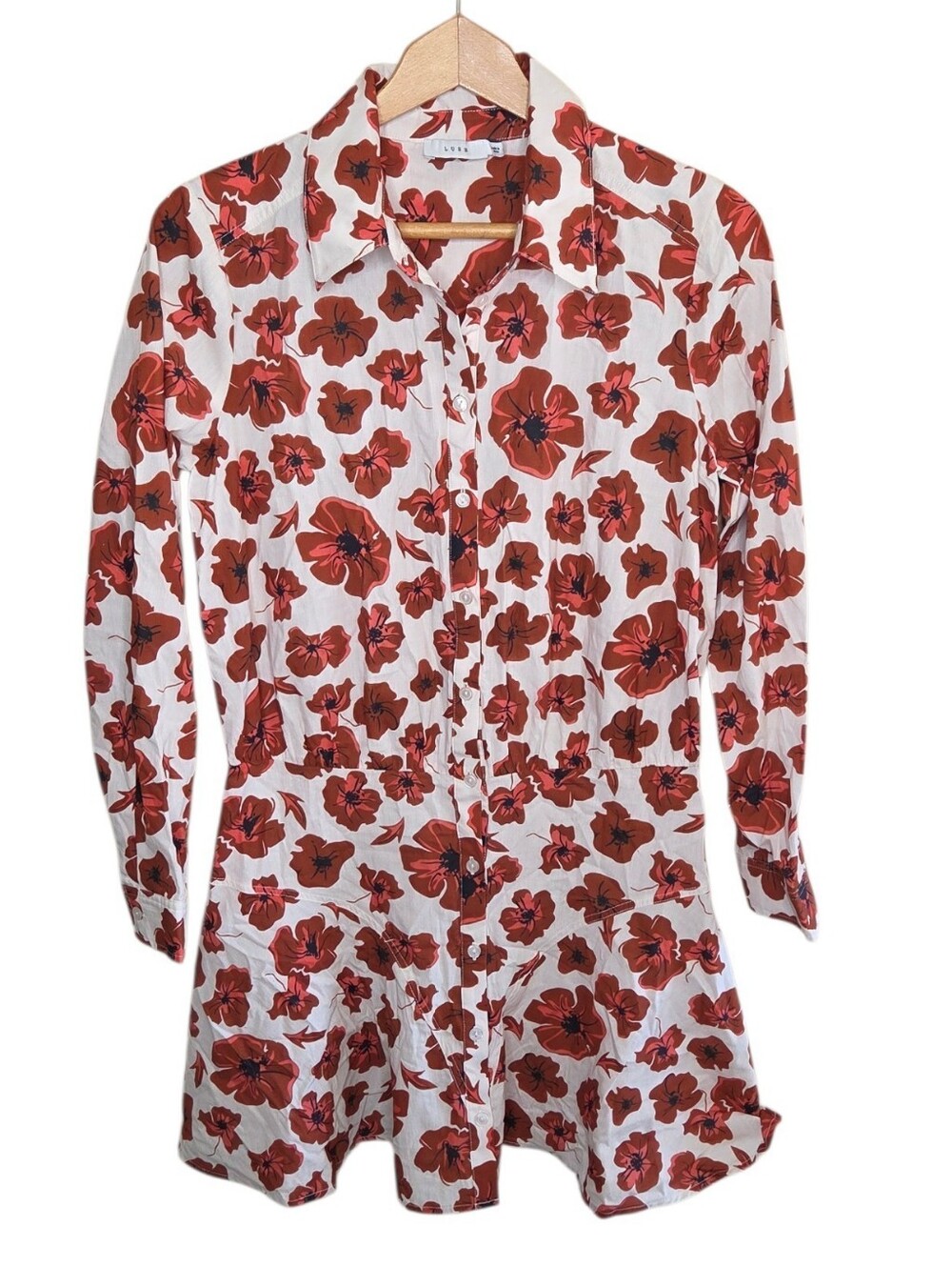 Lush Burgundy Red White Poppy Floral Print Drop Waist Shirt Dress Size Small